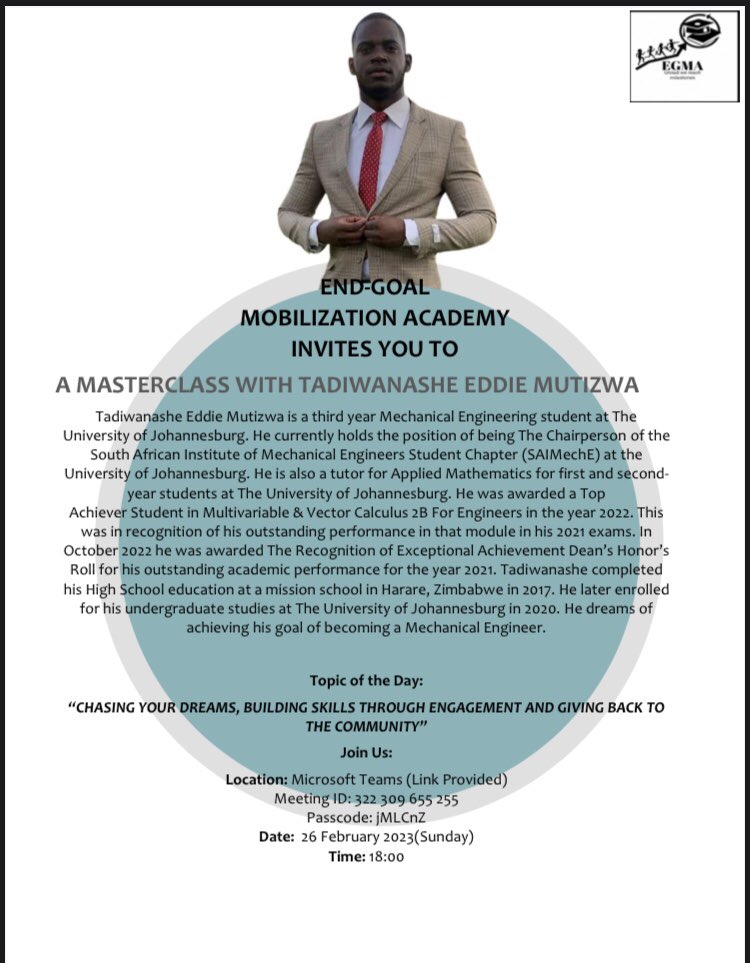 egma_org's tweet photo. As we kickstart our new year with enthusiasm and dedication, you are invited to join a masterclass meeting this Sunday.
We will be joined by our guest speaker Tadiwanashe Eddie Mutizwa
[See a short passed biography about our guest speaker below]

#NGO #SouthAfrica  #EGMA https://t.co/WXc0Exa3Up