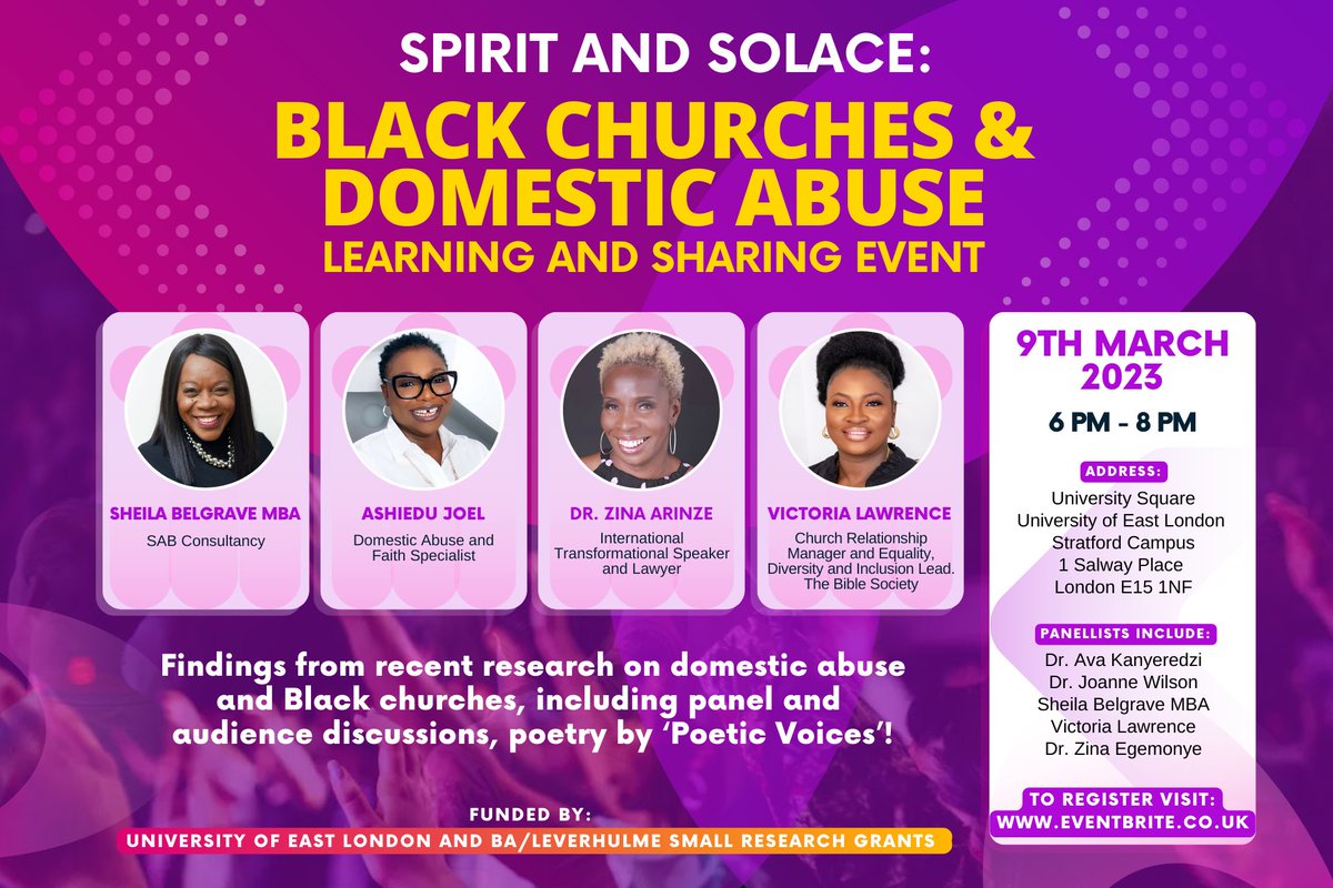 AvaKanyeredzi's tweet photo. Learning and Sharing Event Black Churches &amp; Domestic Abuse from Spirit &amp; Solace research.
9th March 6-9pm @ UEL, with: Victoria Lawrence, Dr. Zina Arinze, @SABelgrave  @AshieduJoel &amp; Poetry.

Please share:
@UEL_REC 
@UEL_News 
@marciadixonpr @LeahMahon_ @docadisa @ShermaraFletche https://t.co/WqyG3JI6G5