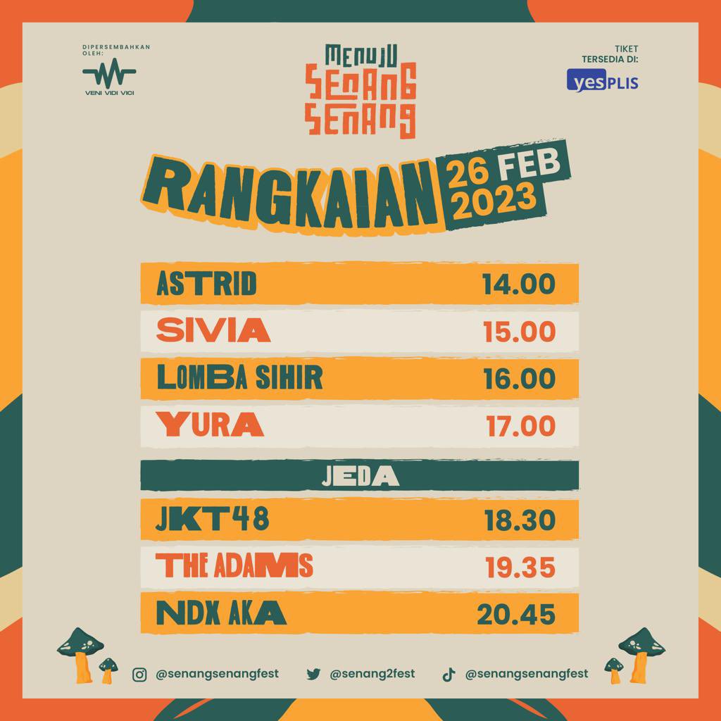 senang2fest's tweet photo. Nah satu Rangkaian Acara lagi nih, yg ini untuk tanggal 26 Februari! Catat, jangan sampai tertukar harinya 😝

Udah pada siap buat berpesta di Menuju Senang Senang? Jaga kesehatan ya Warga!☺️

Sampai bertemu nanti Warga Senang! 👋😜

#kitainginsenangsenang  #menujussf  #ssf23 https://t.co/270TEJKxht