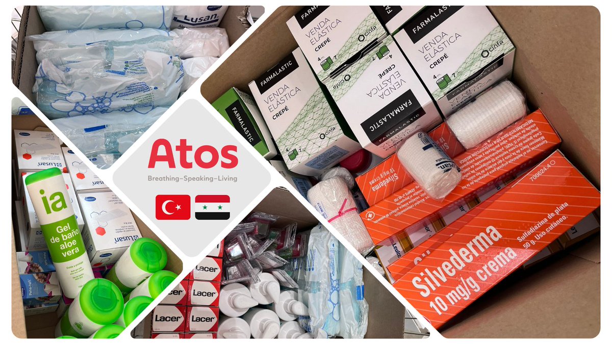 Atos_Medical_ES's tweet photo. Casi un año después, volvemos a colaborar con @deveiavei, esta vez para llevar material sanitario a Turquía y Siria: vendas, gasas, crema para quemaduras y productos de higiene personal como gel de ducha, cepillos y pasta de dientes entre otras cosas. 

#wecare #Turquia #Siria https://t.co/Z5N83EZOdU