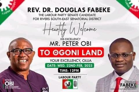 JaypeeGeneral's tweet photo. Peter Obi will be in Rivers State Today🔥

The good people of Rivers South-East Senatorial District, joyfully welcome Labour Party Presidential Candidate, Peter Obi to the traditional headquarter of Ogoni, Bori, Rivers state.

Date : 22/2/2023, today at 2pm 
Venue: Nortem Town Hall Bori 

Sign: Dr Fabeke Douglas
Rivers South-East Senatorial Candidate