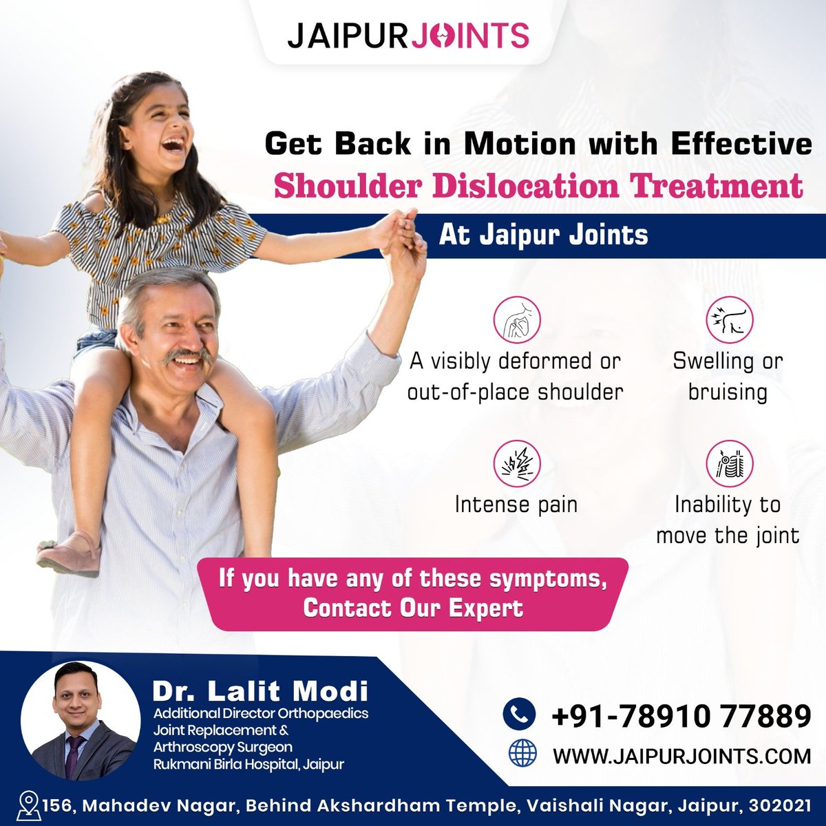Get Back in Motion With Effective Shoulder Dislocation Treatment At Jaipur Joints.

If you have any of these symptoms, Contact our expert. 7891077889

#Shoulderdislocation #ShoulderArthritis #TendonRepair #RotatorcuffTear #DislocatedShoulder #RotatorCuffTreatment