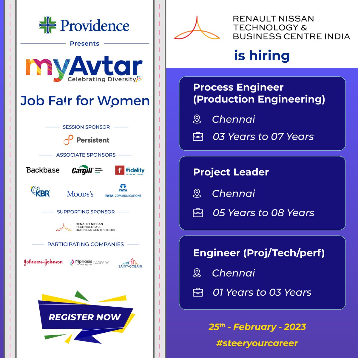 myavtarjobs's tweet photo. #SteerYourCareer at the fourth successive edition of myAvtar Job Fair for Women.
@officialRNTBCI is hiring!
Apply for the role of:
1) Process Engineer (Production Engineering)
2) Engineer Proj/Tech/Perf
3) Project Leader https://t.co/HvAKrweOpJ