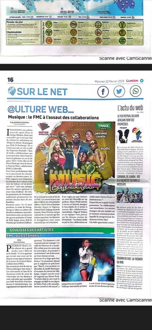 #ALire 🗞️ L'Union sonapresse 👇🏾

𝘔𝘶𝘴𝘪𝘲𝘶𝘦: 𝘭𝘦 𝘍𝘌𝘚𝘛𝘐𝘝𝘈𝘓 𝘔𝘜𝘚𝘐𝘊 𝘊𝘖𝘓𝘓𝘈𝘉𝘖𝘙𝘈𝘛𝘐𝘖𝘕 𝘢̀ 𝘭’𝘢𝘴𝘴𝘢𝘶𝘵 𝘥𝘦𝘴 𝘤𝘰𝘭𝘭𝘢𝘣𝘰𝘳𝘢𝘵𝘪𝘰𝘯𝘴. 

#DirectProd #FMC #Gabon #Culture