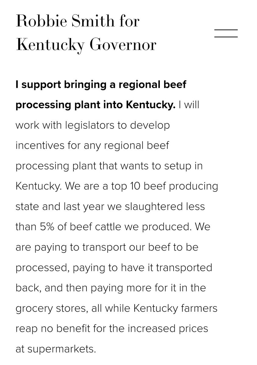 Kentucky needs a regional beef processing facility.  We slaughter less than 5% of our state's beef! Other states would use our facility.  We stand to make BILLIONS as a state!

rsmith4gov.com
facebook.com/rsmith4gov