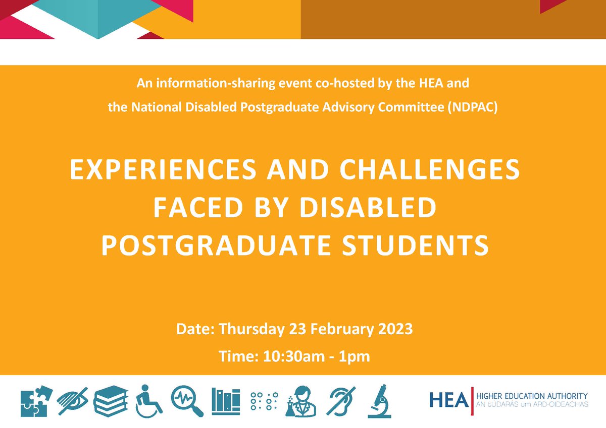 hea_irl's tweet photo. The HEA Access Policy and NDPAC are hosting an event tomorrow 23rd February on the experiences and challenges faced by disabled postgraduate students!

You can  still register at the link below: https://t.co/mYlDtI9RSV

@hea_irl @HEAaccess https://t.co/7cpqaKjSu0