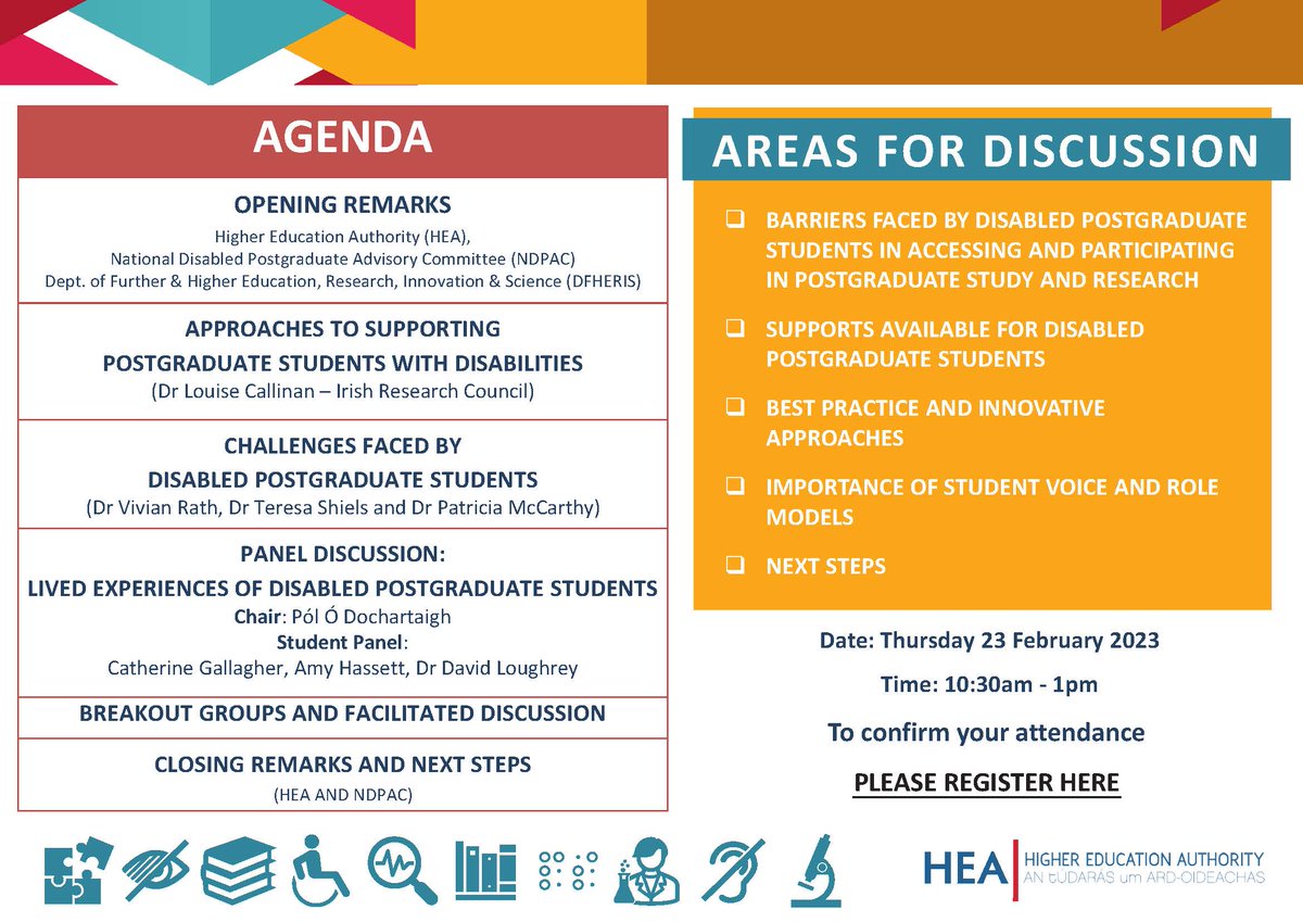 hea_irl's tweet photo. The HEA Access Policy and NDPAC are hosting an event tomorrow 23rd February on the experiences and challenges faced by disabled postgraduate students!

You can  still register at the link below: https://t.co/mYlDtI9RSV

@hea_irl @HEAaccess https://t.co/7cpqaKjSu0