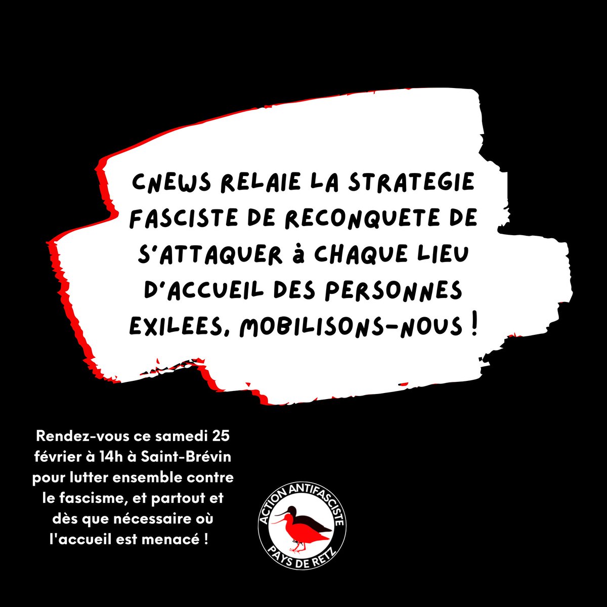 AFA_paysderetz's tweet photo. ⚠️ CNEWS relaie la stratégie fasciste de Reconquête de s'attaquer à chaque lieu d'accueil des personnes exilées, mobilisons-nous à Saint-Brévin ce samedi et partout ailleurs dès que nécessaire ! https://t.co/ceKa9642zX