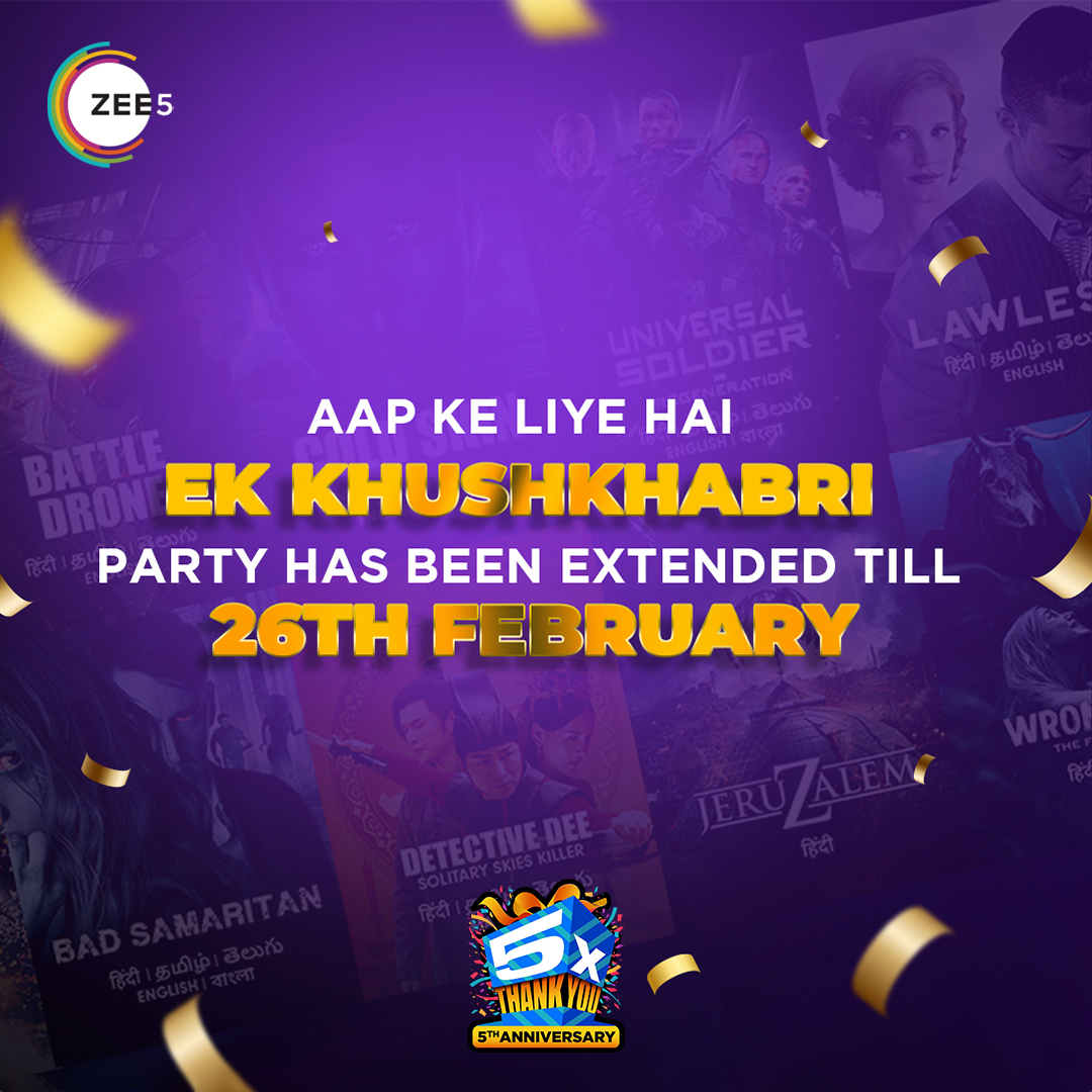 Free5onZee5's tweet photo. Our 5th year anniversary party has been extended!
Ab hoga #5XEntertainment non-stop, kyunki aap dekh sakte hai #UriTheSurgicalStrike aur #Tadka jaise blockbuster movies free 26th February tak, aur #ZEE5WorldHits ke behtareen movies, kabhi bhi, sirf #ZEE5 par, bilkul free! https://t.co/m7yucaVCRV