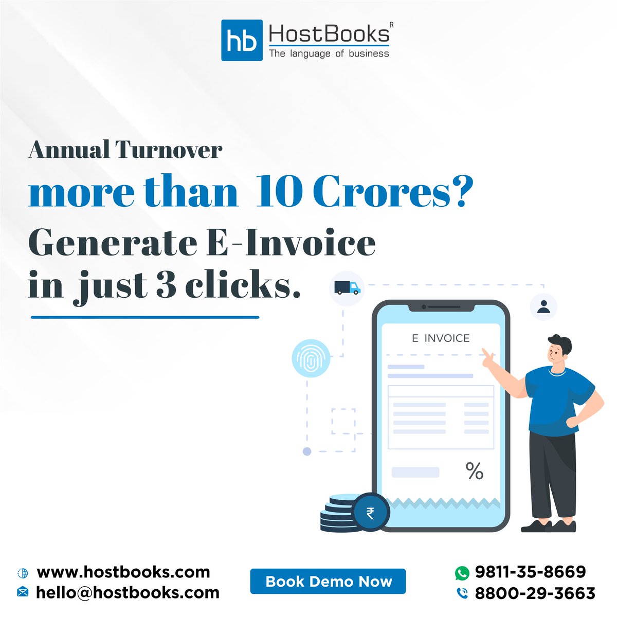 HostBooksIndia's tweet image. If your business turnover is more than INR 10 crore. Then generate complex invoices risk-free with HostBooks e-invoice software. Simplify all processes with just a click.
#einvoice #singleclick #india #business #entrepreneur #startup #gst #gstr #HostBooks #hb #einvoicing