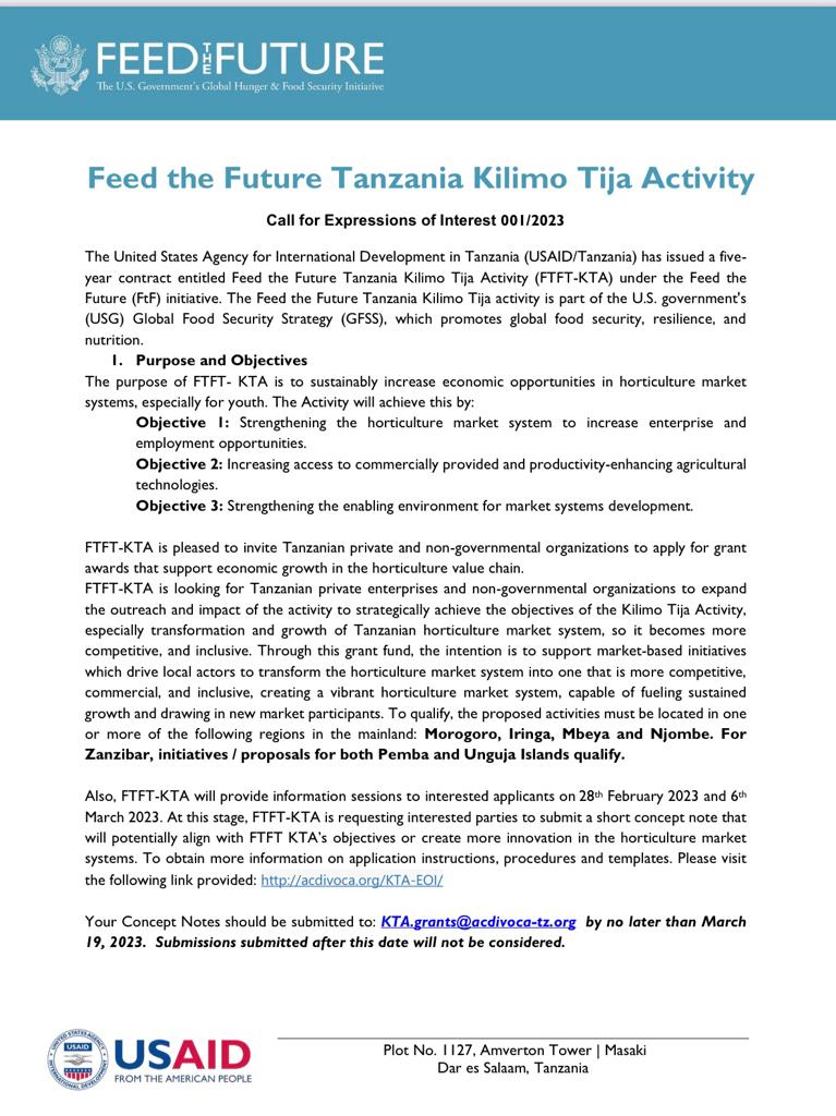 Call for expressions of interest: Feed the Future Tanzania Kilimo Tija Activity

<a href="/USAIDTanzania/">USAIDTanzania</a>