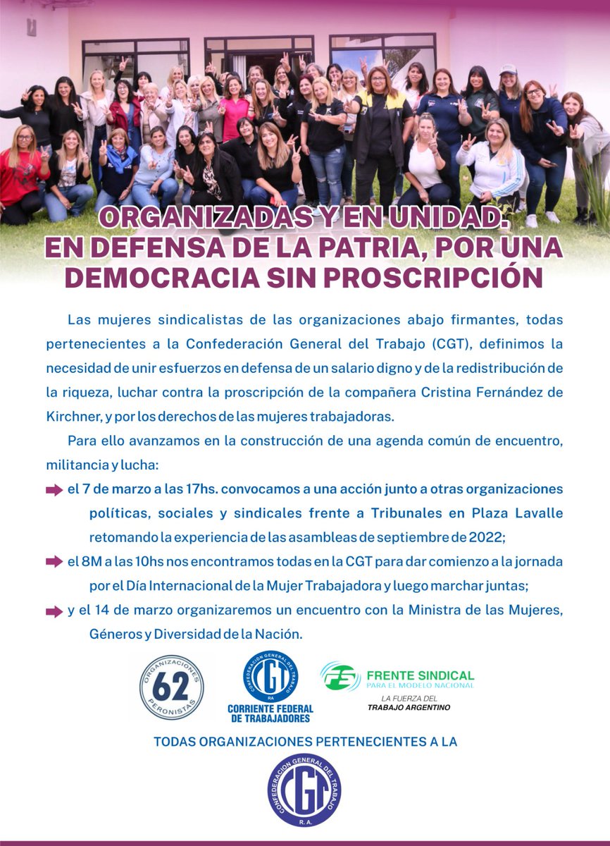 CFTArgentina's tweet photo. •Agenda común de encuentro, militancia y lucha, de #MujeresSindicalistas de las organizaciones pertenecientes a CGT.
♥️🇦🇷💪 Organizadas y en unidad. En defensa de la Patria, por una Democracia sin proscripción. https://t.co/jntqMmH61P