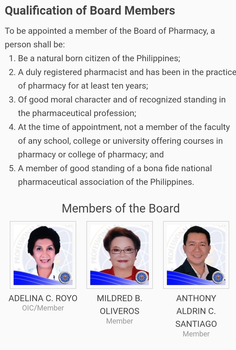 blueveetriol's tweet image. ⚖ RA 10918 - Philippine Pharmacy Act

Article II Sec 7: Qualifications of the Chairperson and Members of the Board