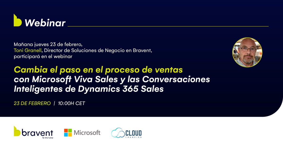 bravent's tweet photo. [Webinar: Programa Bizz App Innovation Communities ☁💻] Mañana participaremos en la sesión “Cambia el paso en el proceso de ventas con #MicrosoftVivasales y las Conversaciones Inteligentes de #Dynamics365Sales” del programa #BizzApp Innovation Communities de #CloudChampion. https://t.co/CyMzIsWvML