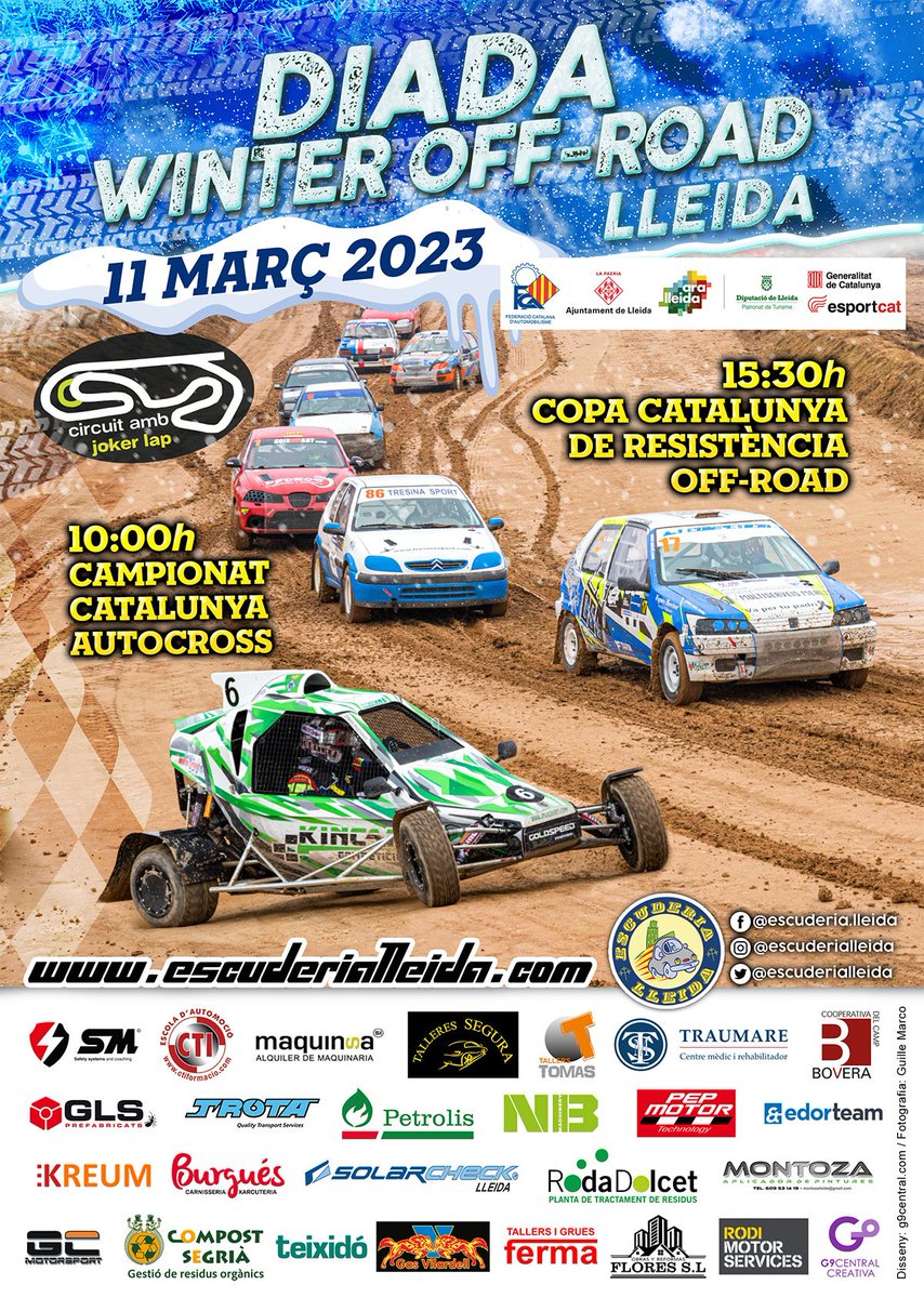 🗓️ Diada Winter Off-Road Lleida  
‼️ Nueva fecha: Sábado 11 de marzo
📍  Circuit de Lleida
📌 Campionat de Catalunya de Autocross / Resistencia
🗒️ Info e inscripciones en: escuderialleida.com