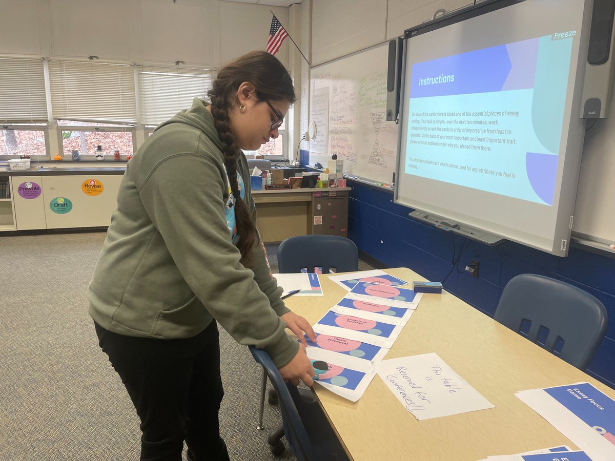 toadalteacher's tweet photo. Students playing a game where they rank the elements of an essay in order from most to least important!  Led to some very insightful discussions!  #ByramPride https://t.co/AU3XqGDNnZ