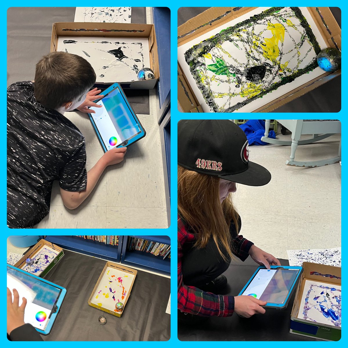 5th grade students have been exploring Sphero Robots… today we even used them to… PAINT!! They were inspired by Jackson Pollocks drip/splatter paint technique! #sphero #STEAM #theMESway