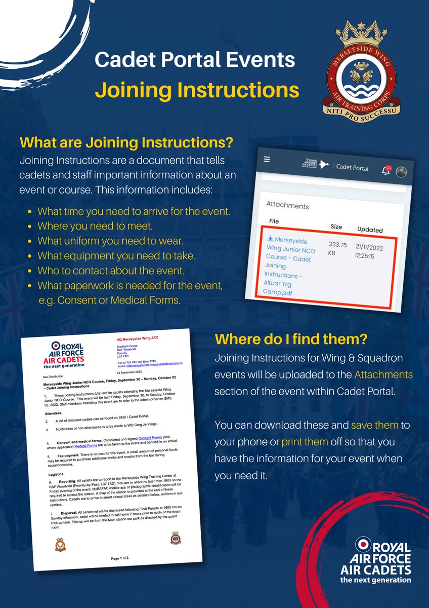 A reminder to all <a href="/MerseysideWing/">Merseyside Wing</a> cadets! Make sure you read the Joining Instructions for any Cadet Portal event you are selected for prior to attending, to ensure you know timings, location, equipment and dress requirements! <a href="/RAFAC_Digital/">RAFAC Digital Team</a> <a href="/ComdtAC/">Commandant RAF Air Cadets</a> <a href="/ACO_RCNORTH/">RC North - ACO</a> <a href="/OCMerseyside/">OC Merseyside Wing RAFAC</a>