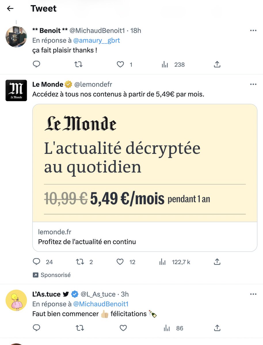 emile_cw's tweet photo. @MichaudBenoit1 Selon la pub de "Le Monde" sous ton tweet, tu aurais pu te payer un an d'abonnement chez eux 🤣 https://t.co/Mik4uG5I52