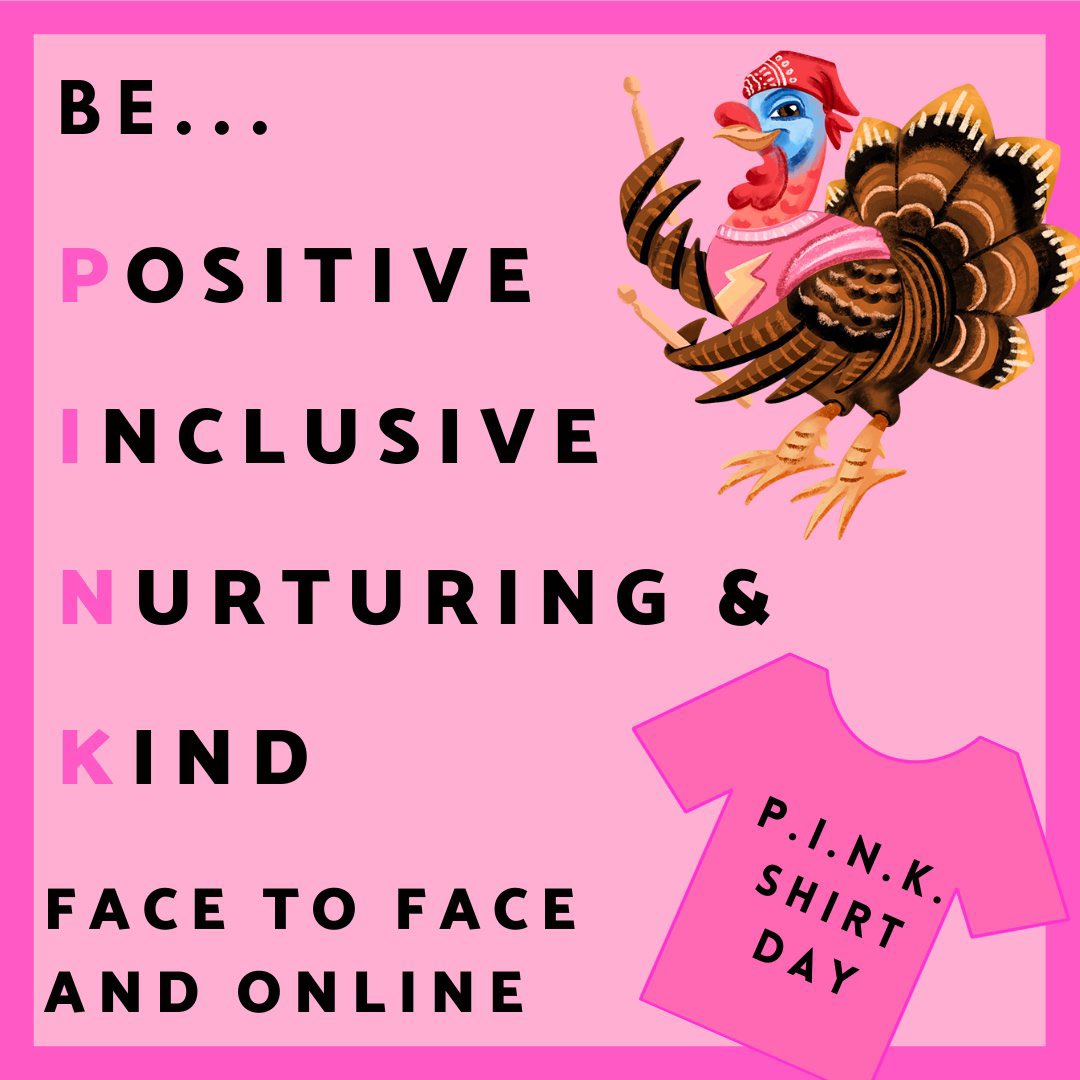 Don’t forget to wear pink and act P.I.N.K. today <a href="/BuckhornKPR/">Buckhorn Public School</a> Bears. Thanks to <a href="/iamnoadaniel/">Noa Daniel, MEd</a> and Strum and the Wild Turkeys for my new favourite acronym. <a href="/kprschools/">KPRDSB</a> <a href="/75jcb/">James Brake</a>