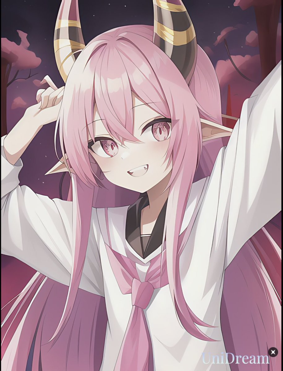 1girl horns pink hair solo long hair pointy ears pink eyes  illustration images