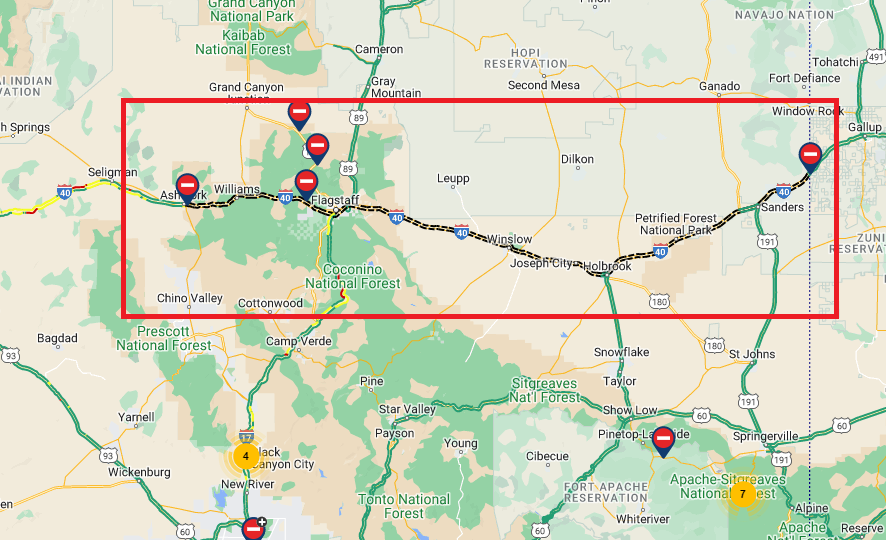 ⚠️ A ~200 mil stretch of I-40 is closed in Arizona due to snow and wind. Stay off the roads! A very strong storm is making its way through the state right now. #azwx #azfamily