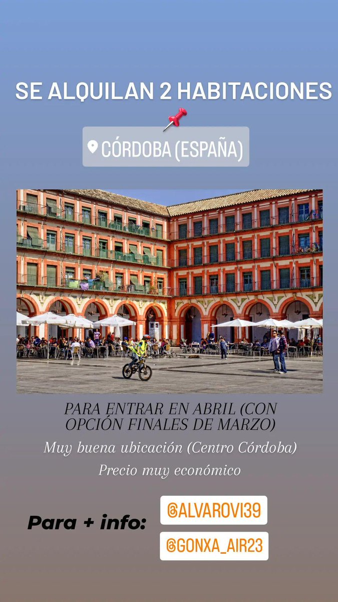 alvarovi39's tweet photo. SE ALQUILAN 2 HABITACIONES EN EL CENTRO DE CÓRDOBA 
📆 Para entrar en Abril
📌 A 1 min Plaza de Corredera y 5 min de Mezquita-Catedral
💵 Precio muy económico 
Nos vamos dos personas del piso y necesitamos que entre alguien.

SE AGRADECE DIFUSIÓN POR FAVOR 🙏🏻🙏🏻
#Piso #Cordoba https://t.co/u1OOTjZbYN