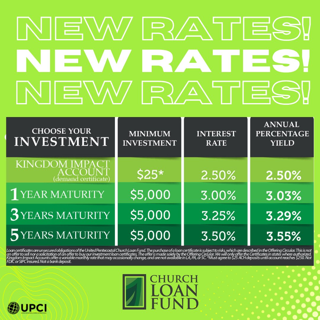 UPCLF's tweet image. The United Pentecostal Church Loan Fund has new rates available for you. Get a great return while investing in the Kingdom of God!

Contact us today to invest! Call us at 636-229-7974 or visit us upciloanfund.org/investment-opp….

#ChurchLoanFund #UPCI #Stewardship