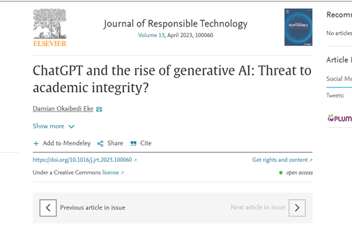 Happy to announce d publication of my short commentary on ChatGPT, generative AI and Academic integrity.  #ChatGPT #GenerativeAI #OpenAI #plagiarism
doi.org/10.1016/j.jrt.…