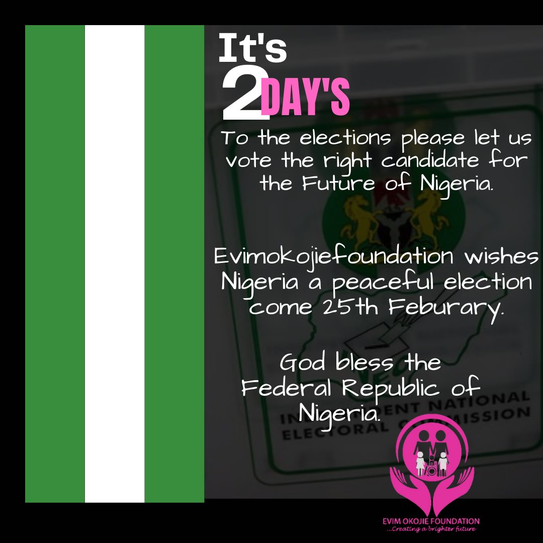 evim_okojie's tweet photo. Vote wisely!
God bless the Federal Republic of Nigeria🇳🇬
#Evimokojiefoundation #Nigeria #Nigeriadecide #Votedon'tfight #2023elections #Orphans #UnderprivilegedWidows #Education #Empowerment #Healthcare #Enlightenment #Advocacy https://t.co/GlpmuDM6T3
