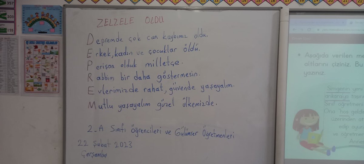 “Şubat ayı en kısa aydı ama tarihin en uzun acısını yazdı.”2A sınıfı öğrencilerimiz öğretmenleri ile beraber ülkemizde yaşanan büyük felaketle ilgili duygularını şiirle dile getirdi.Yaşanan felakette hayatını kaybeden vatandaşlarımıza başsağlığı,yaralılara acil şifalar diliyoruz.