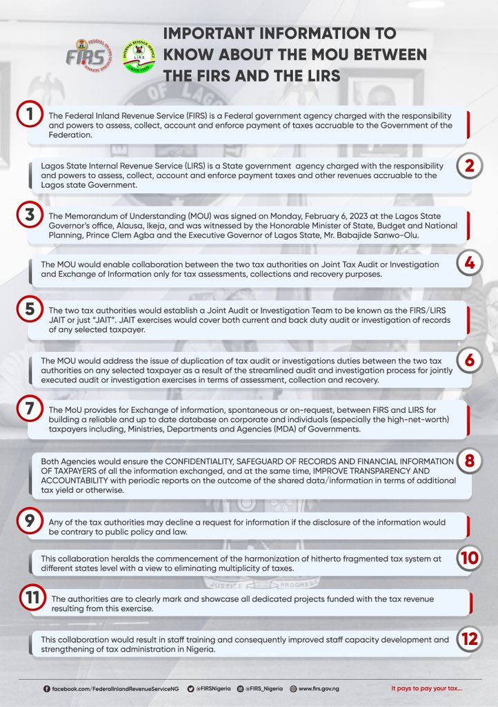 📝 Did you know that the MoU between the FIRS and the Lagos State Internal Revenue Service (LIRS) signed on the 6th of Feb, 2023, includes the establishment of a Joint Audit or Investigation Team? 

📌 Here are some important info to know about the MoU between the tax authorities