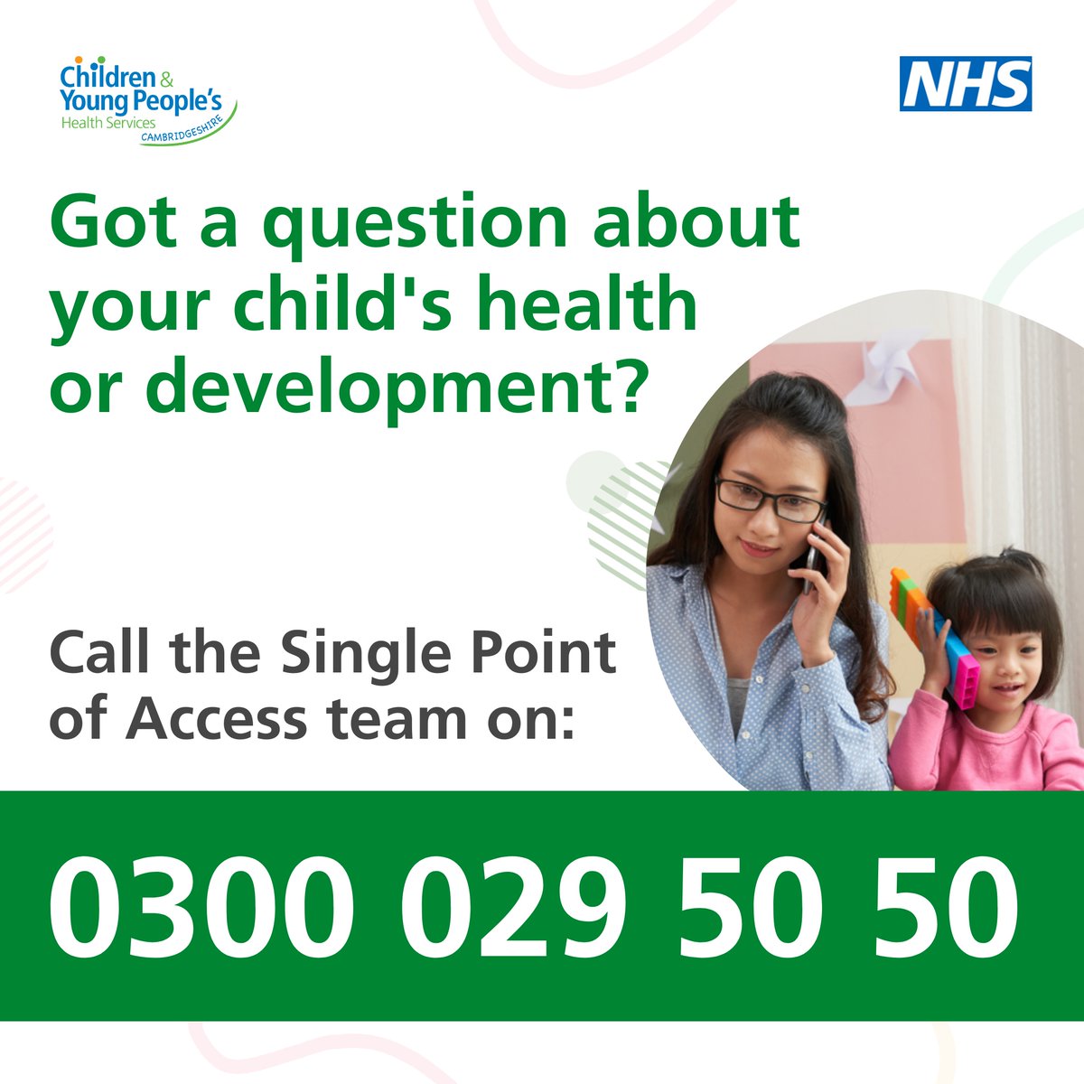CambsPboroCYP's tweet photo. Have you got a question about your child’s health or development? You can call the Single Point of Access team on: 0300 029 50 50 for help and advice 😊 #CYPSPA #SinglePointOfAccess https://t.co/2dEuUCgb9x