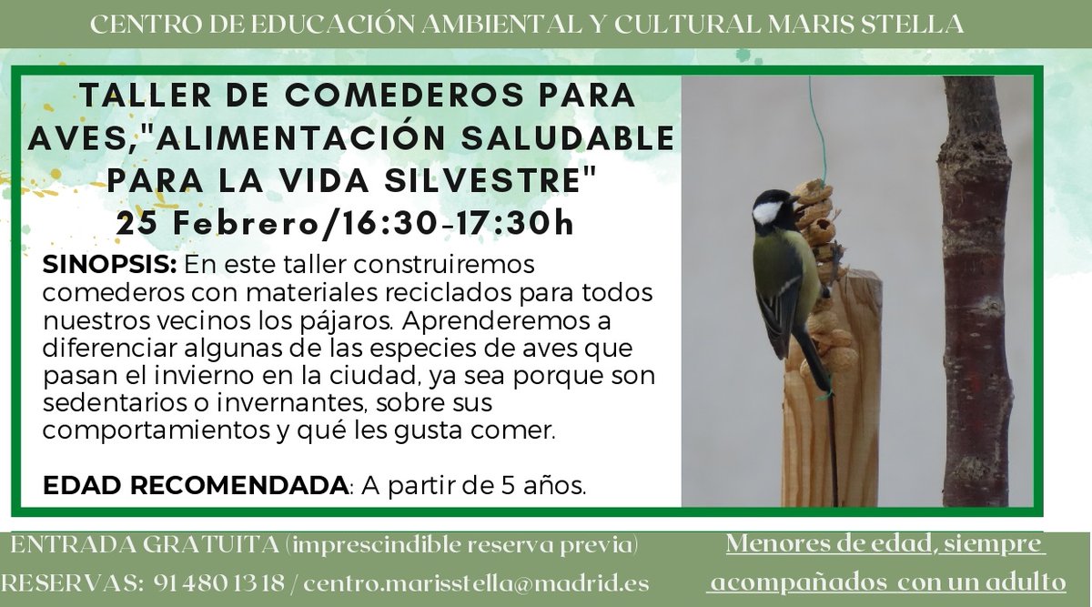 📌Propuestas medioambientales del #CEACMarisStella para el sábado 25 de febrero:
- Concierto con 16.05 RockBand a las 12:00 h.
- Taller para crear comederos para aves con materiales reciclados.
Reservas ☎ 91 480 13 18, en el centro. 16:30 h.

👉informate.madrid.es/fk0d5