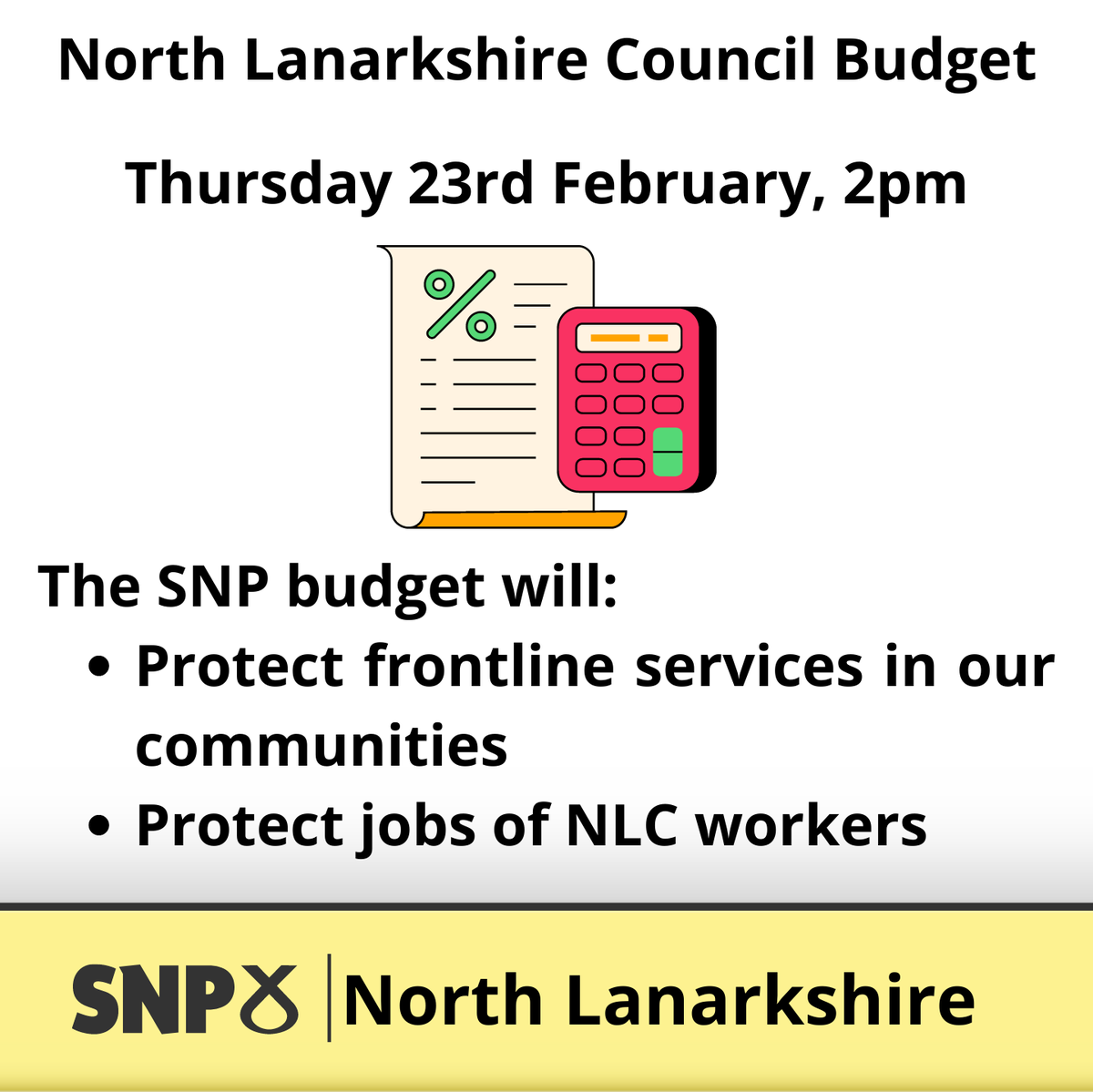 North Lanarkshire Council will meet at 2pm tomorrow, Thursday 23rd February, to set their revenue budget for 2023/2024. SNP Councillors will propose a budget which protects frontline services and protects the jobs of council workers. Watch online from 2pm: northlanarkshire.public-i.tv/core/portal/we…