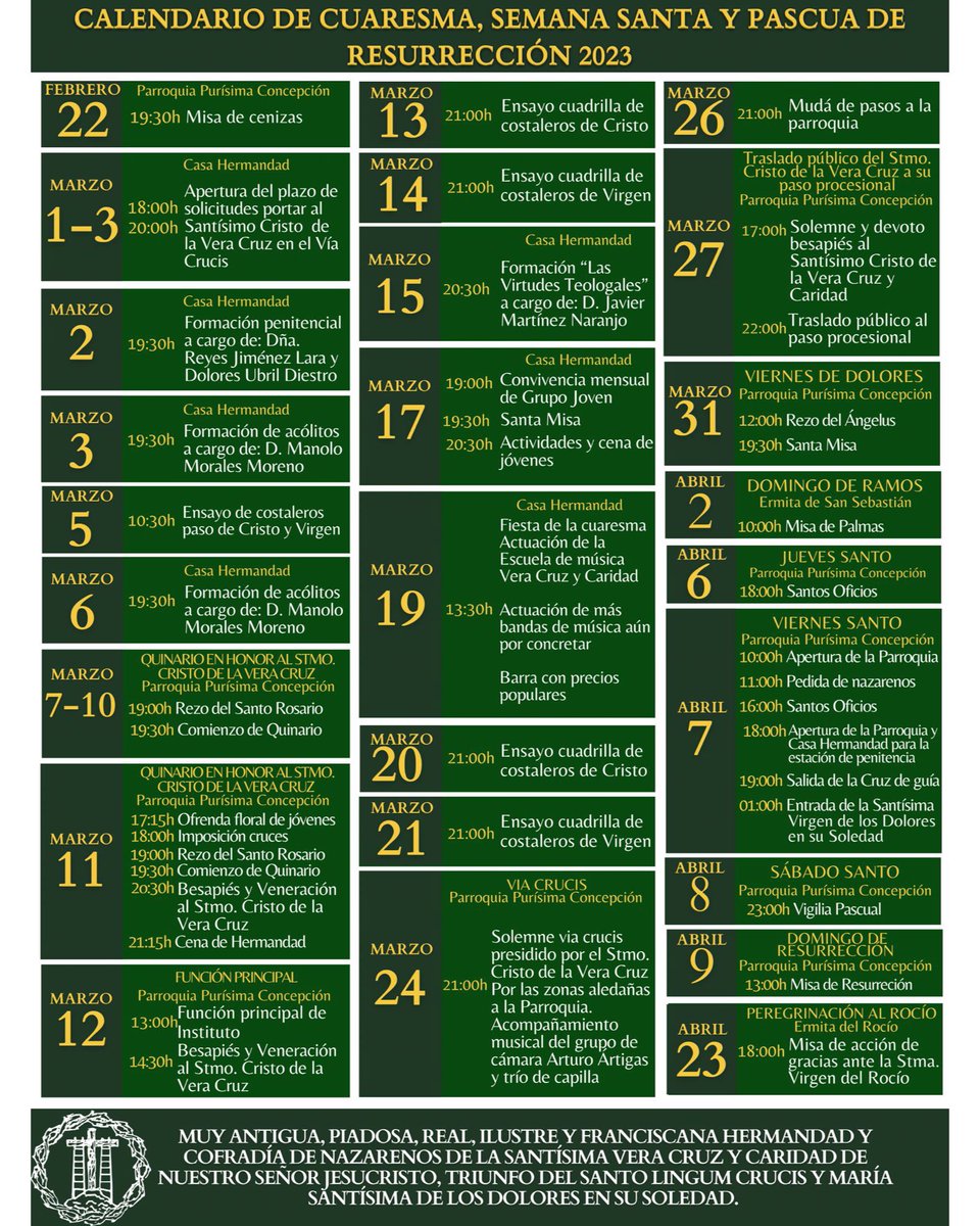INFORMACIÓN

CALENDARIO DE CULTOS, ACTOS DE CUARESMA, SEMANA SANTA Y PASCUA DE RESURRECCIÓN QUE REALIZARÁ NUESTRA HERMANDAD A LO LARGO DE ESTOS PRÓXIMOS MESES.