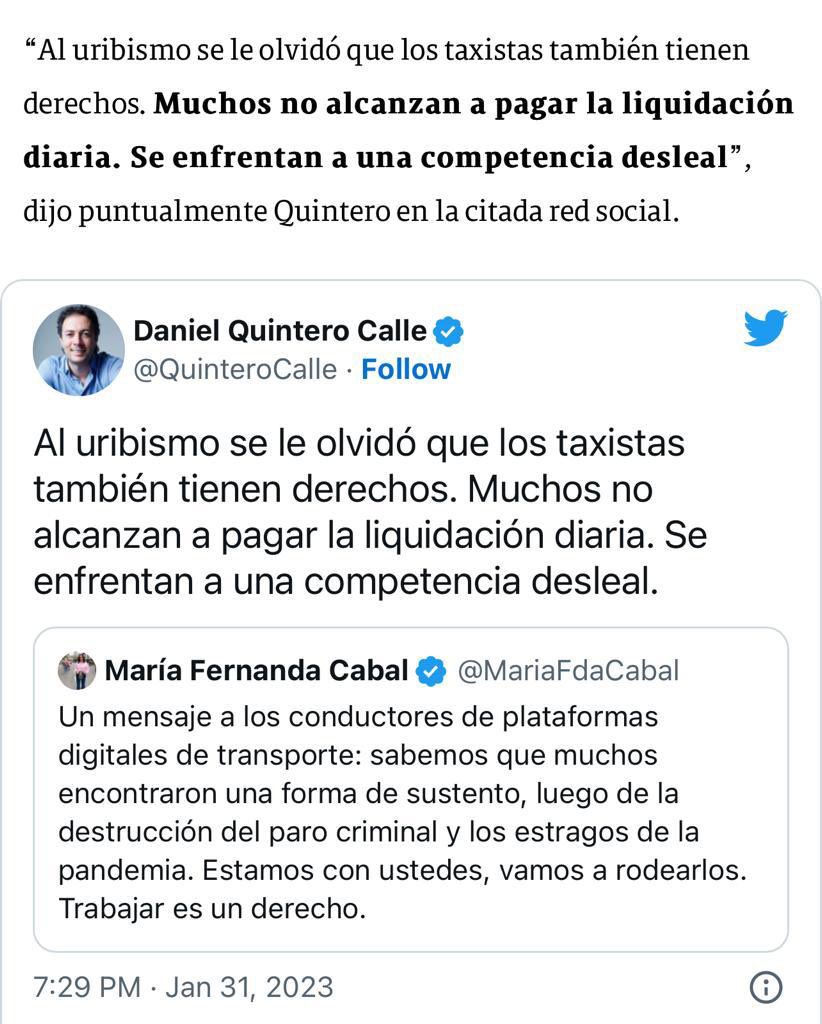 QuinteroCalle's tweet photo. La protesta de taxistas hay que hacérsela es al uribismo. Son ellos los que promueven las plataformas. https://t.co/eEeEyl1RG1