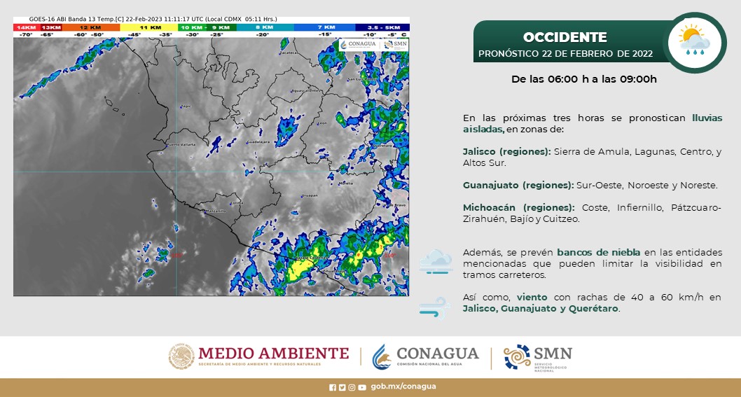 conagua_clima's tweet photo. Durante las próximas tres horas se pronostican #Lluvias aisladas en #Jalisco, #Guanajuato y #Michoacán. https://t.co/Px19QcjMEy