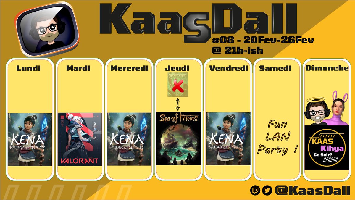 KaasDall's tweet photo. Changement de programme sur le jeudi chez https://t.co/8tNTjGzxEE 
#streamfr #kena #seaofthieves #KaasKihya https://t.co/Bw5g9f1Qej