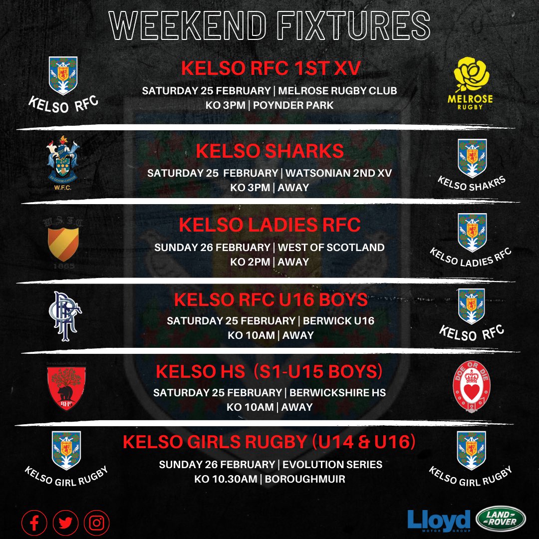 KelsoRugby's tweet image. Another busy weekend of rugby down at Kelso RFC!

Details of all this weekend fixtures below ⬇️

⚫️⚪️ 

@KelsoHS @KLRFC15 

@LandRoverKelso 

#OneClub #OneCommunity