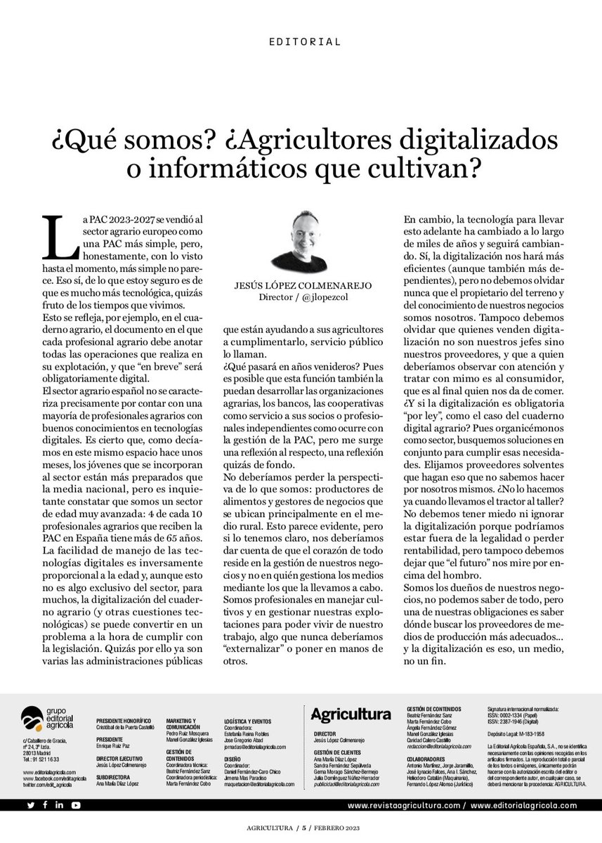jlopezcol's tweet photo. En el editorial de "Agricultura" de febrero doy una visión quizás algo impopular sobre la digitalización en el sector agrario...ya me diréis 😅 https://t.co/GrFxcBVz86