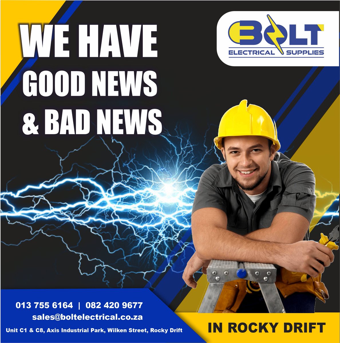 Load shedding is predicted to stay with us for the next two years. That’s the bad news.
Office: 013 755 6164 

#boltelectrical #solarenergy #hashtagonline
#electricity #electrical #electrician #energy #power #electric #electricians #electricalengineering #electricianlife