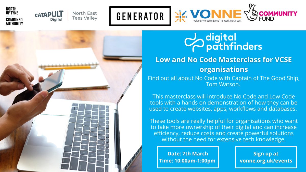 Low and no code solutions can help you take more ownership of your organisation's digital and create powerful solutions, so join @Tom_c_watson for our <a href="/DigiPathfinders/">Digital Pathfinders</a> masterclass to find out how you can utilise the power of no code. 
Register now: vonne.org.uk/civicrm/event/…