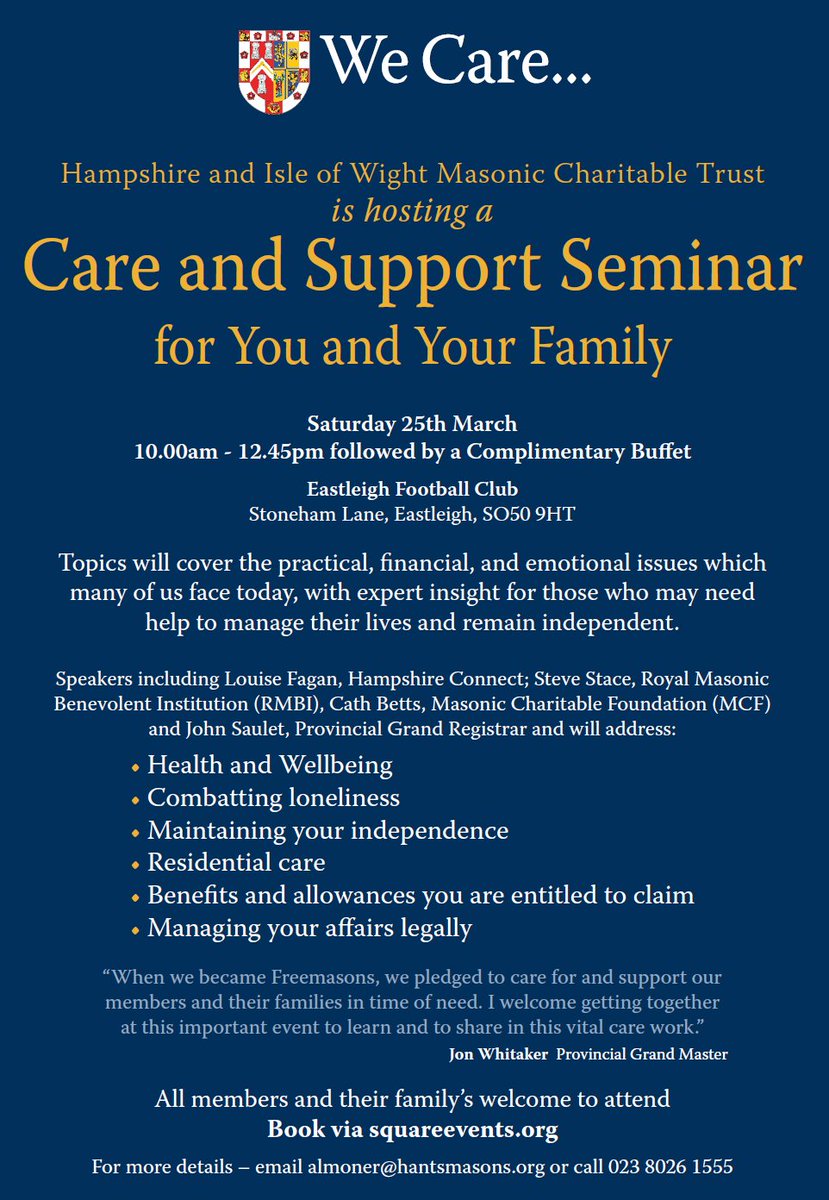 Care and Support Seminar being hosted at Eastleigh Football Club on March 25th at 10:00am. You can booking in via squareevents.org