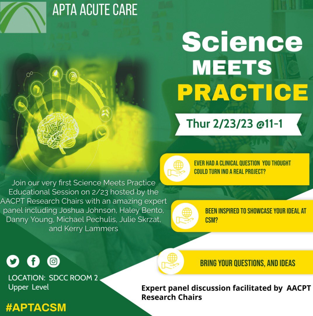 Check out this session @APTAcsm , especially if you’ve got a clinical question you want to explore! We will highlight a few examples of doing just that in #acutept alongside @kerry_lammers @duszallc @ItsHaleyDPT @DLYoungDPTPhD and led by @ilikebigbreaths 

@AcuteCareAPTA