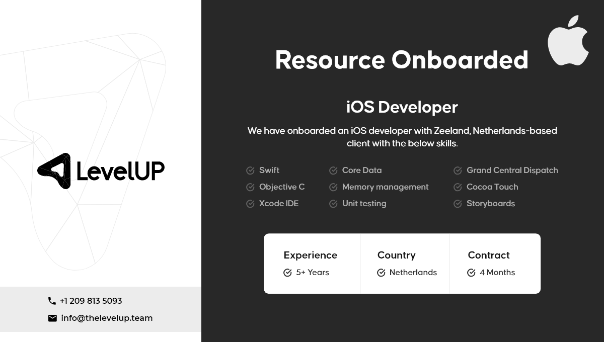 levelup_sales's tweet photo. We have onboarded an iOS developer with Zeeland, Netherlands-based client with the below skills.

Read more - https://t.co/GyRXKypahh

#iosdeveloper #iphonedeveloper #iphoneappdeveloper #hireiosdevelopers #hireiphoneprogrammer #iosappdeveloper #iosexperts #iosappdevelopment https://t.co/fP7Ptm9mol