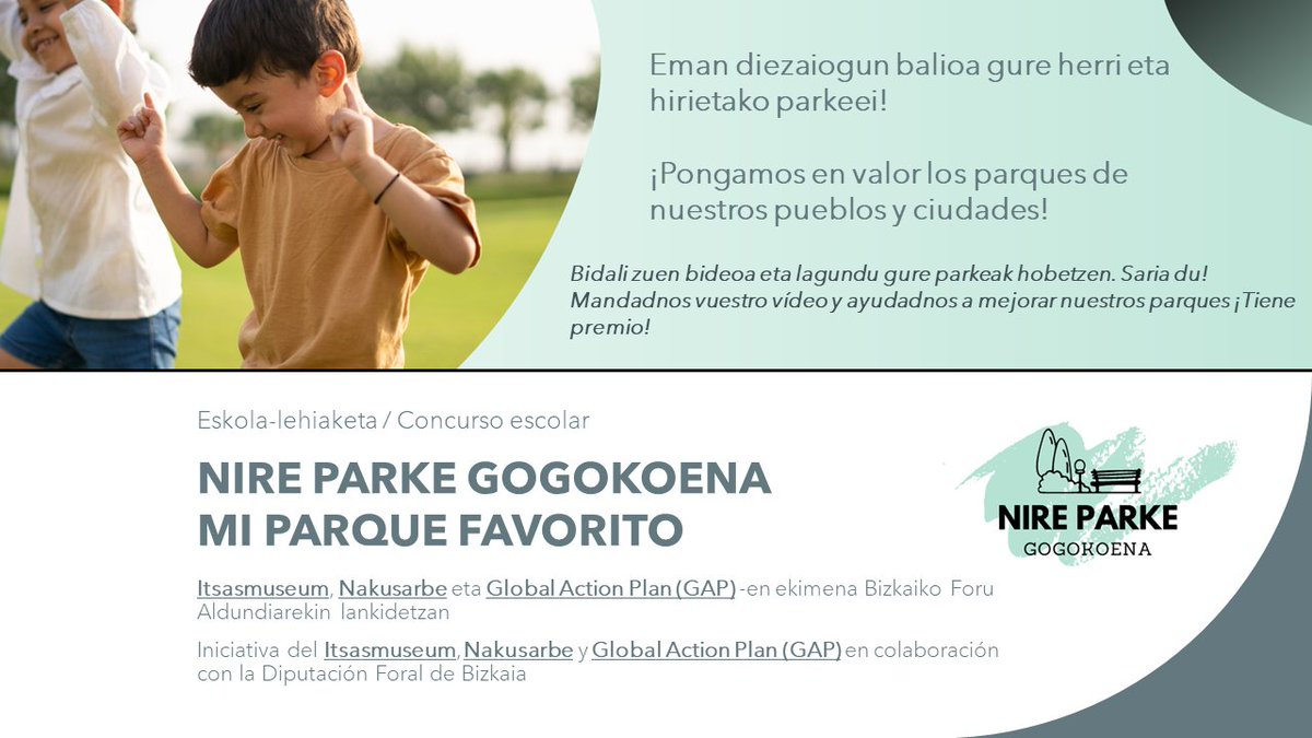 ¡Pongamos en valor los parques de nuestros pueblos y ciudades! ¡Anímate y participa con tu centro escolar en el concurso escolar #nireparkegogokoena ! ¡Hay muchos premios en juego!
👉 nireparkegogokoena.eus
#nireparkegogokoena #nuestrosparques #concurso