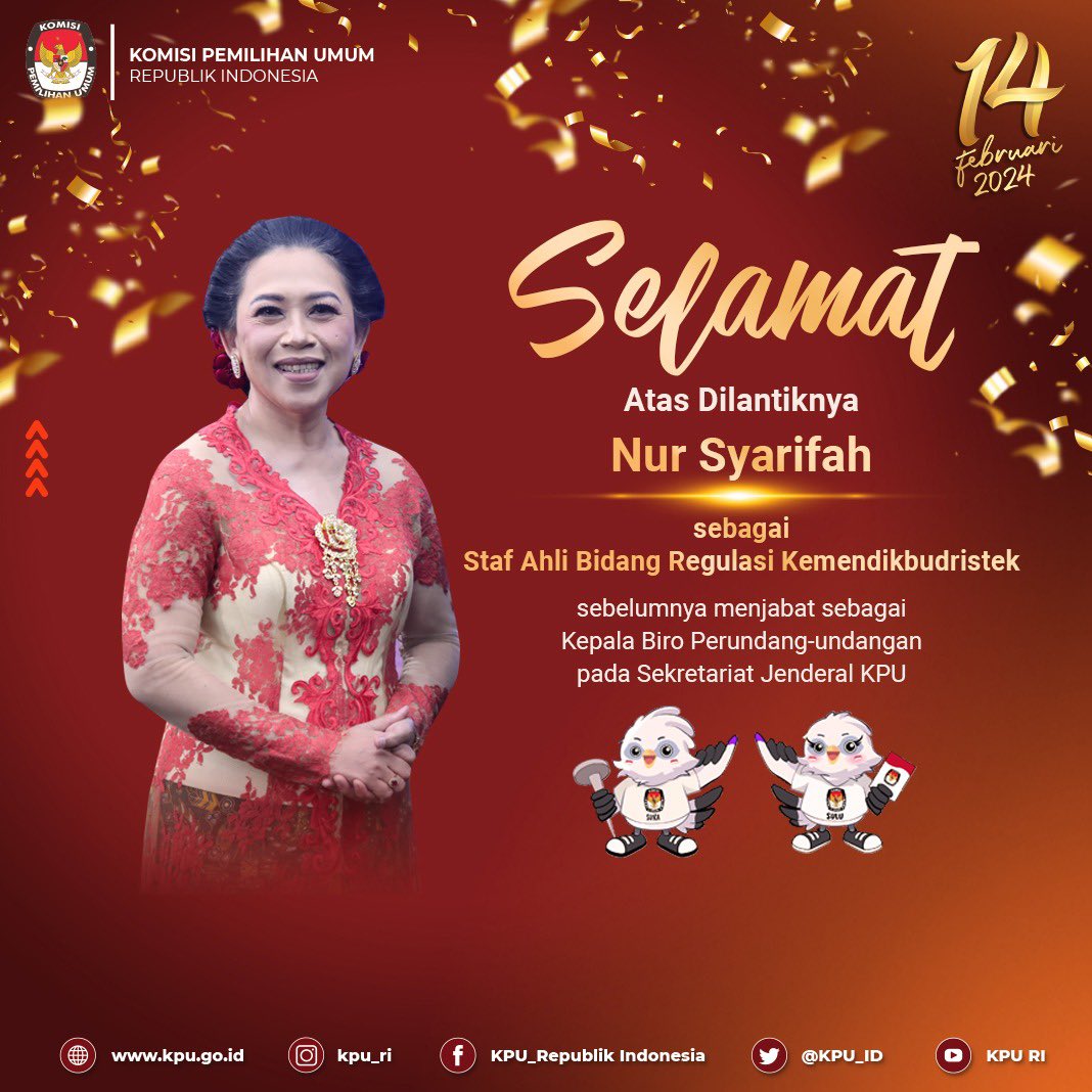 KPU_ID's tweet photo. #TemanPemilih, segenap jajaran KPU mengucapkan selamat atas dilantiknya Ibu Nur Syarifah sebagai Staf Ahli Bidang Regulasi Kementerian Pendidikan, Kebudayaan, Riset dan Teknologi Republik Indonesia. https://t.co/sEyXBbhNaX