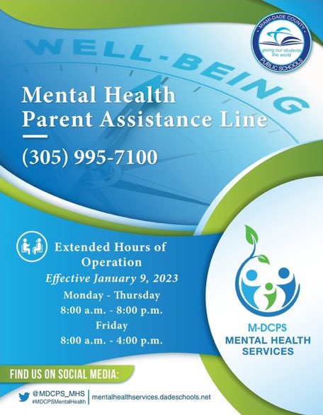 Please share. Our Mental Health Assistance Line is available to Parents beyond the school day, from 8:00 am - 8:00 pm. 305-995-7100 @MDCPS