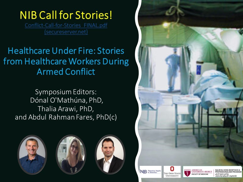 Call for stories: <a href="/NIBjournal/">NIB</a> will publish a personal stories collection from healthcare workers who've provided care during violent armed conflict. Dr. <a href="/domathuna/">Dónal O'Mathúna</a>, <a href="/Cochrane_US/">Cochrane US Network</a> Affiliate program director at <a href="/OSUFuldEBP/">Fuld National Institute for EBP</a> is a symposium editor. Learn more: nibjournal.org/submit/calls/